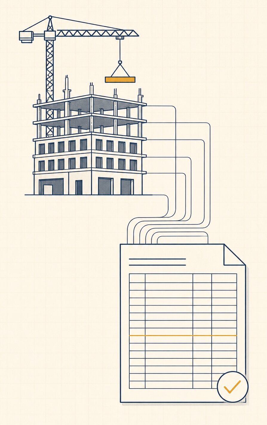 Line illustration of a building under construction whose floor lines flow into the rows of a finished WIP schedule