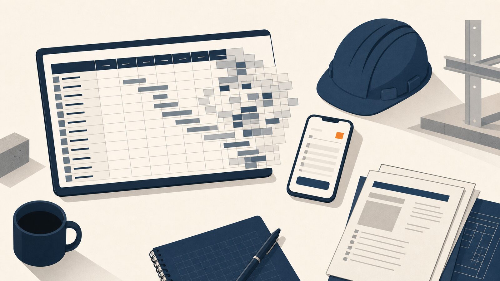 An Excel WIP schedule beside a phone, marking where a spreadsheet stops scaling for a busy general contractor.