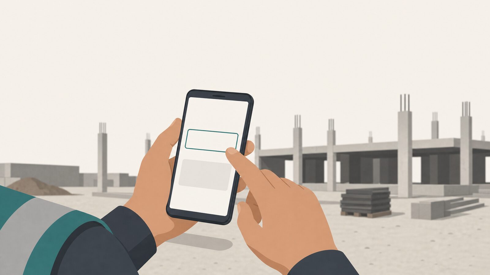 A construction project manager on a jobsite entering a cost-to-complete number on a phone.