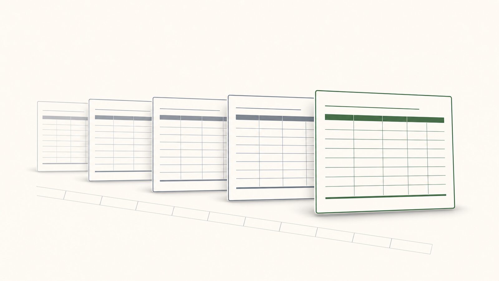 A short stack of dated WIP schedule cards on a calendar grid, the most recent month raised forward.