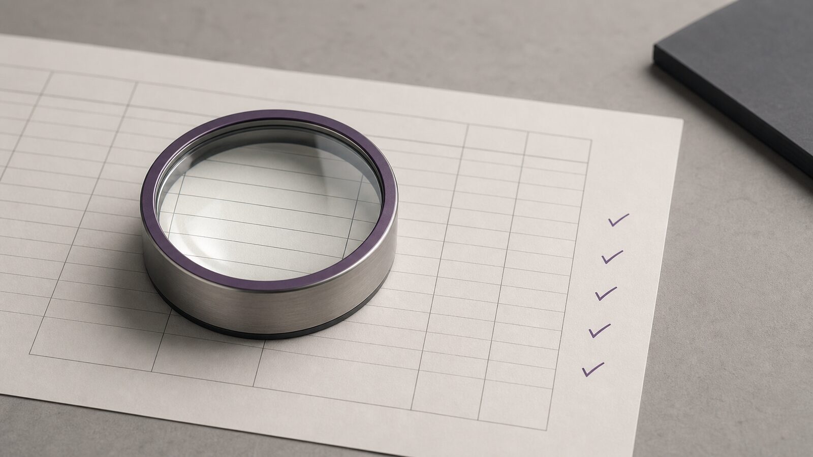 A WIP schedule sheet with a finance loupe held over it, five quiet checkmark ticks down one margin in a single accent color.