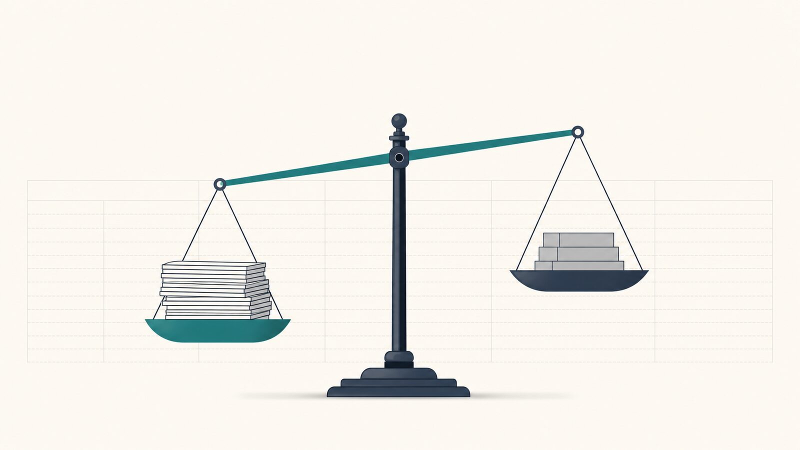 Two-pan balance scale weighing billings against earned revenue on a construction WIP schedule, tilted to the billed side.