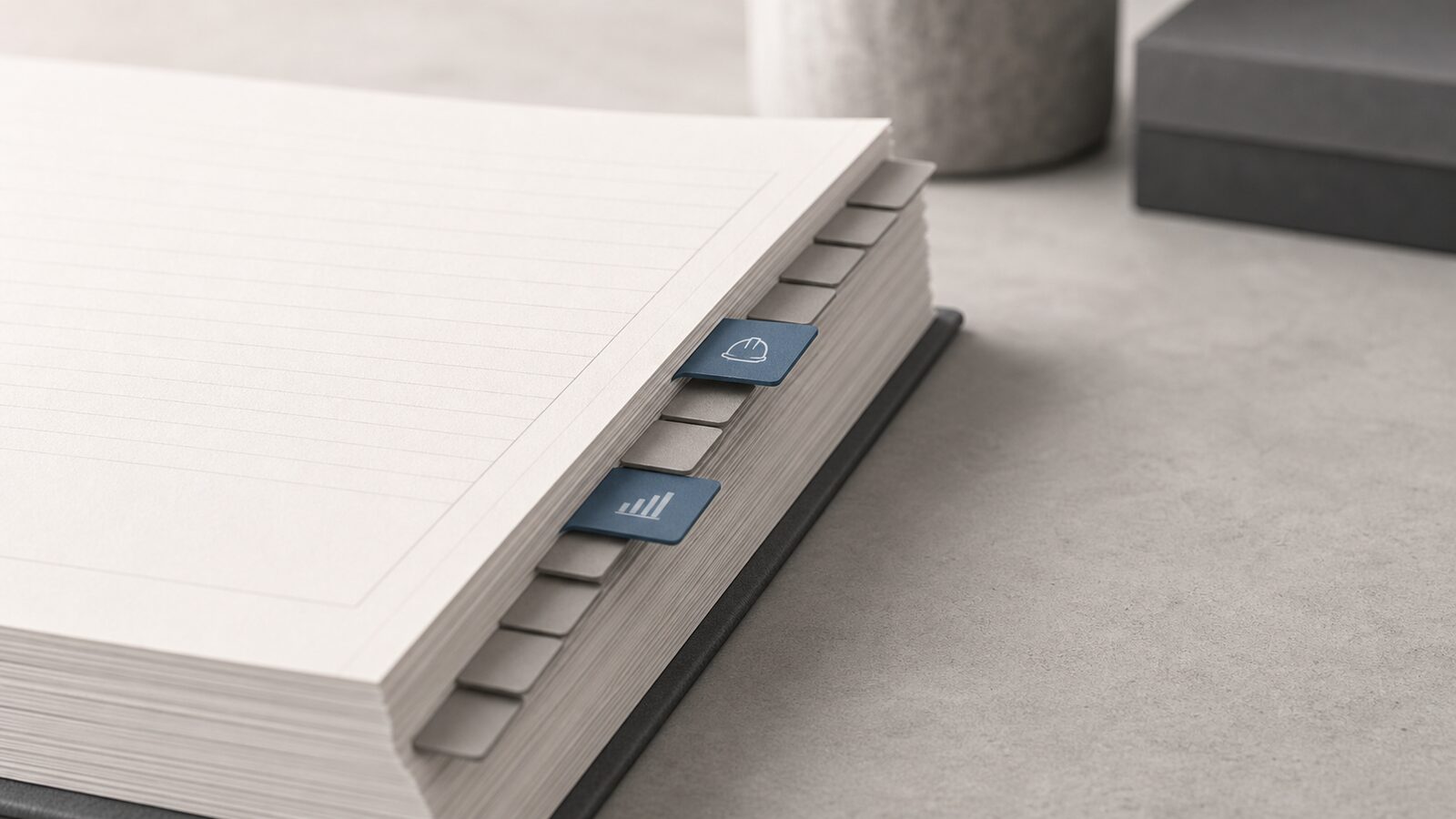 A thick WIP report seen edge-on, small index tabs down its side, two tabs flipped up in a single muted accent color.
