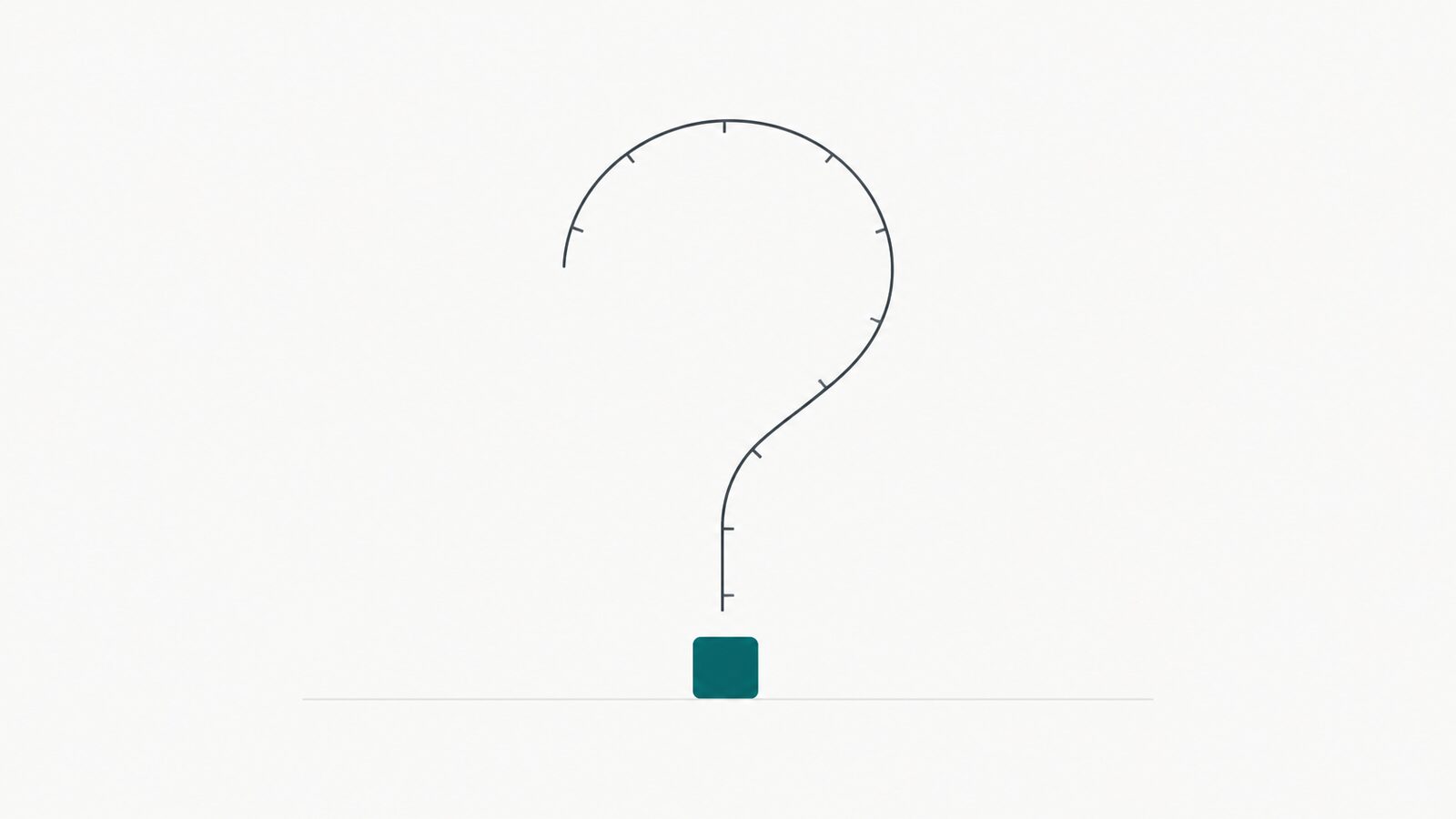A single large question mark drawn as a financial schedule line, its dot a small solid ledger block, one teal accent.