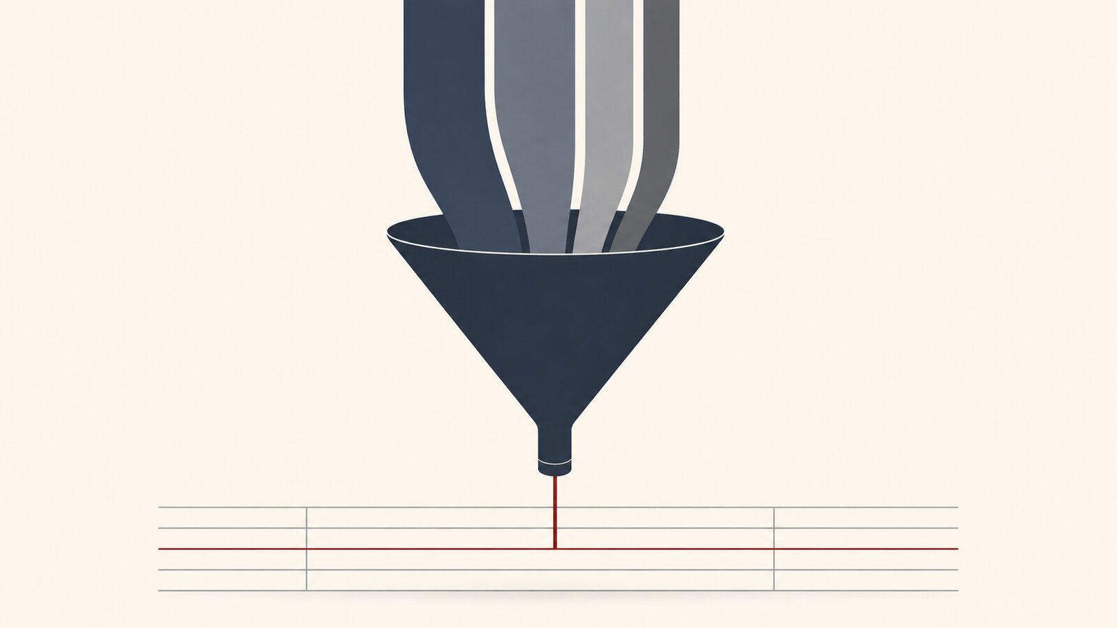 A funnel narrows four input streams into one thin line feeding a calm financial schedule, the output stream in deep red.