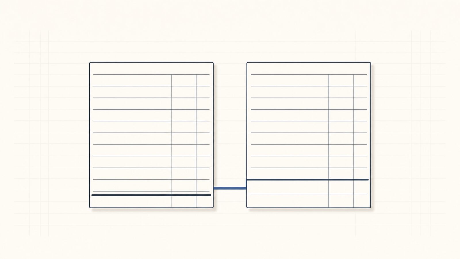 Two side-by-side construction ledger columns with offset totals lines, joined by one corrective bridge entry in indigo.