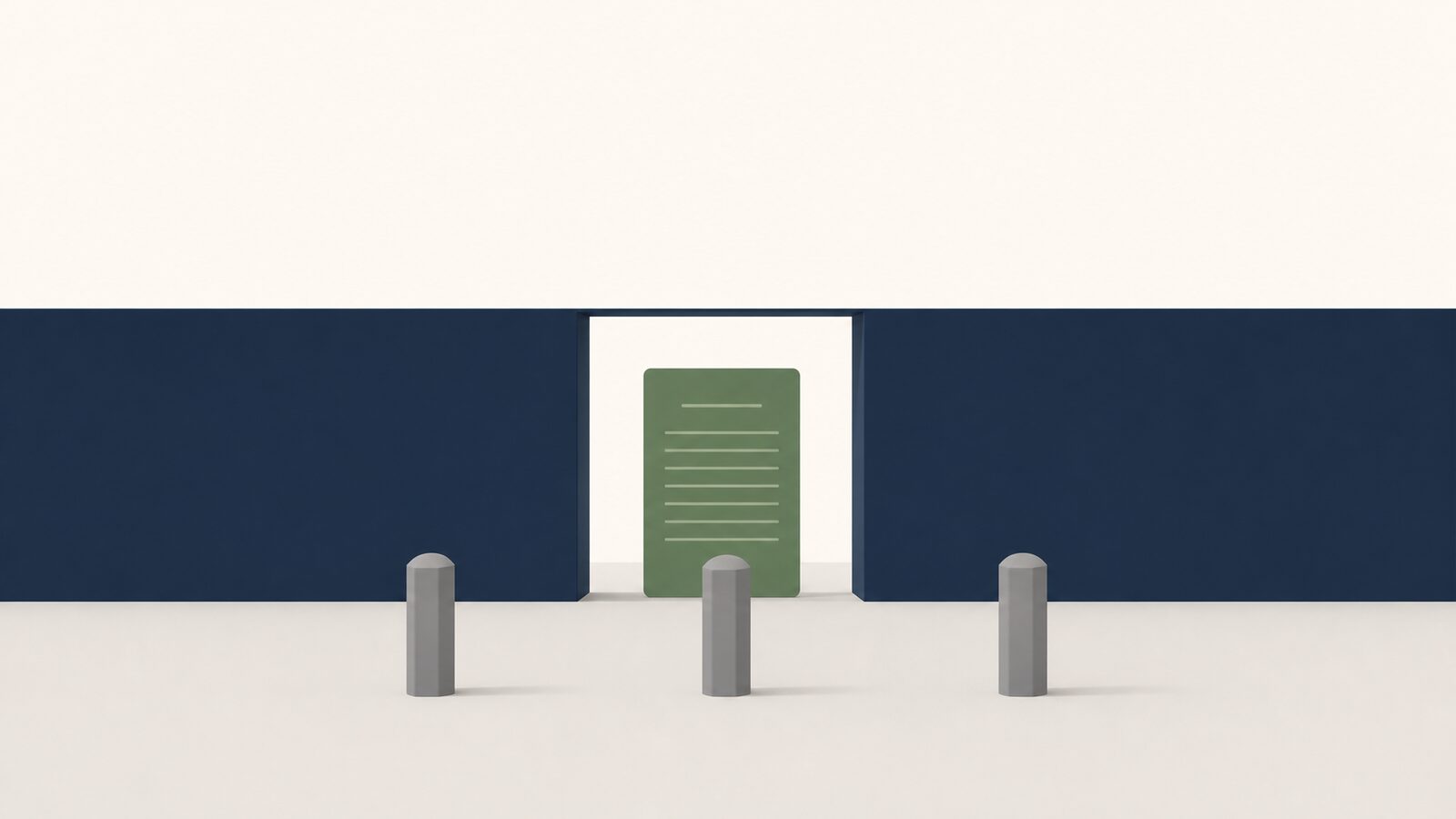 Flat wall with a central gate opening; an upright document card stands in the gap as the pass, three markers facing it.