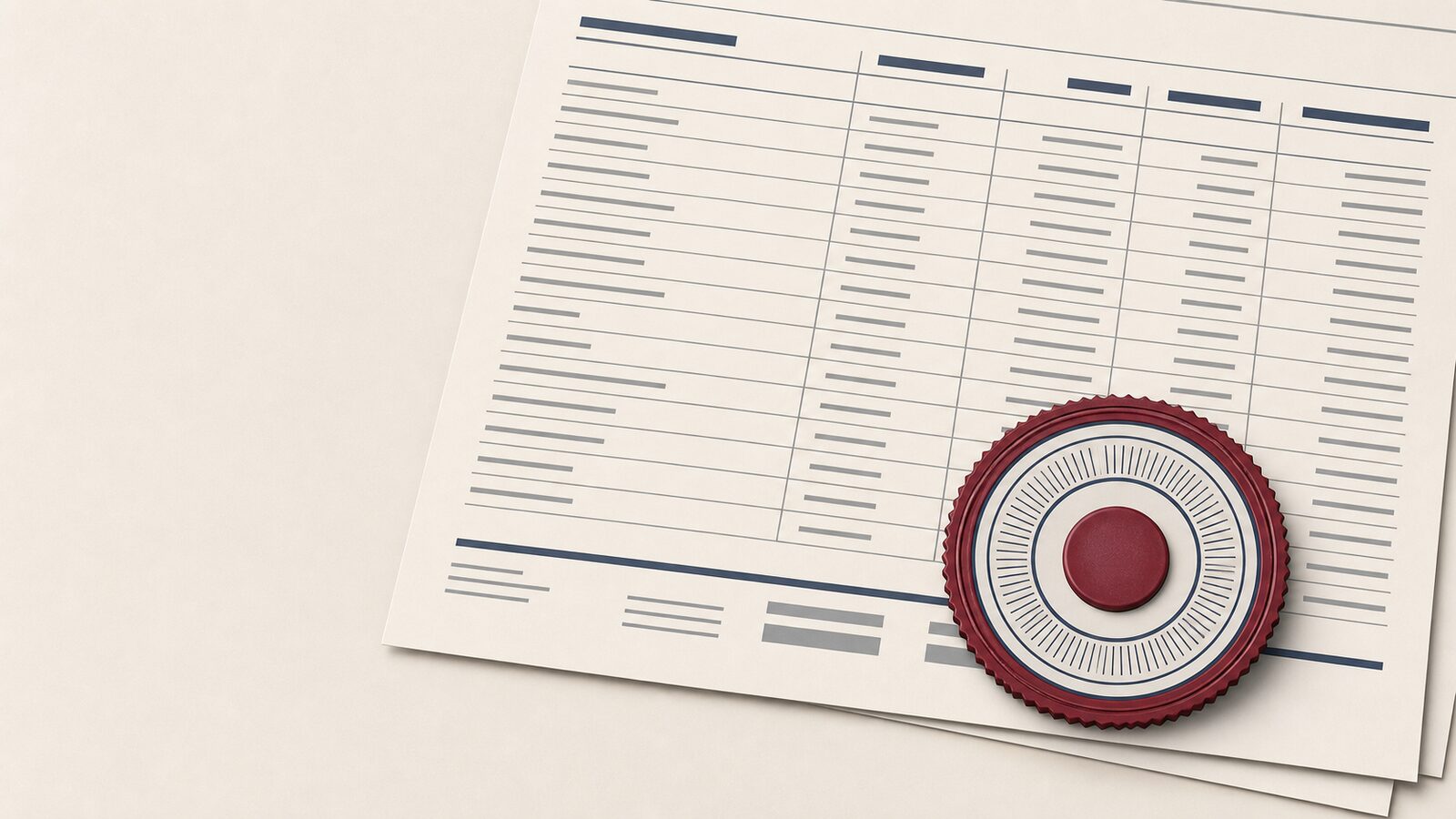 Top-down view of an open construction WIP schedule with an embossed surety approval seal resting on its corner.