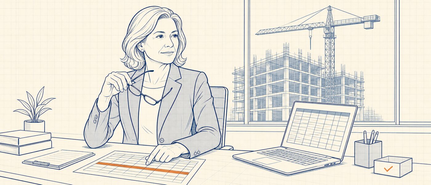 Line-art illustration of a construction CFO reviewing a WIP schedule at her desk, a tower crane visible through the window